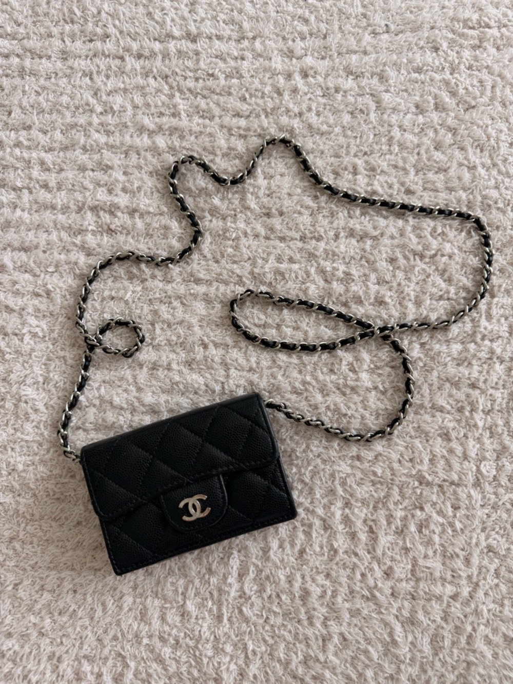 CHANEL Black Quilted Mini Wallet-on-Chain with Silver Hardware